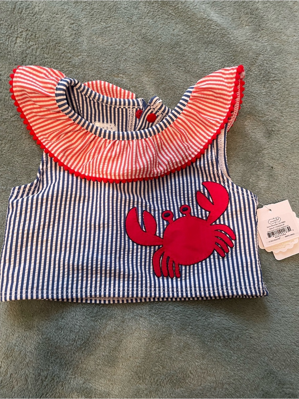 Mud Pie Navy & White Striped Swim topwith Red Crab and Coral Ruffle Collar